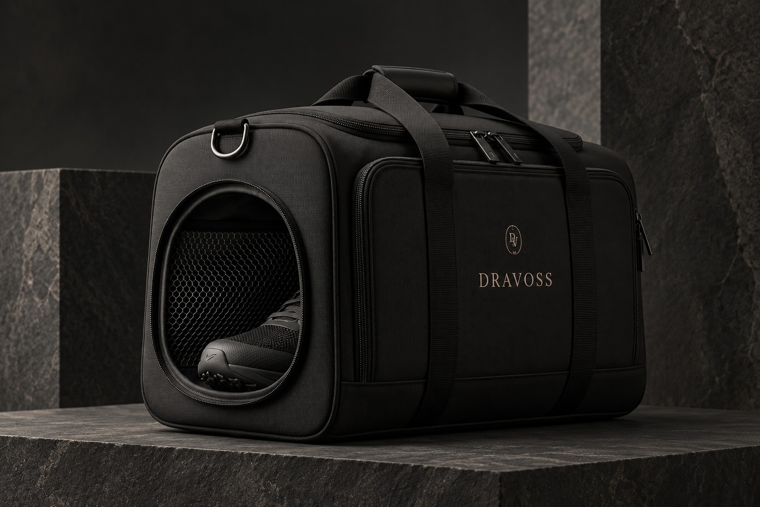 DRAVOSS black carryall concept with discreet gold wordmark