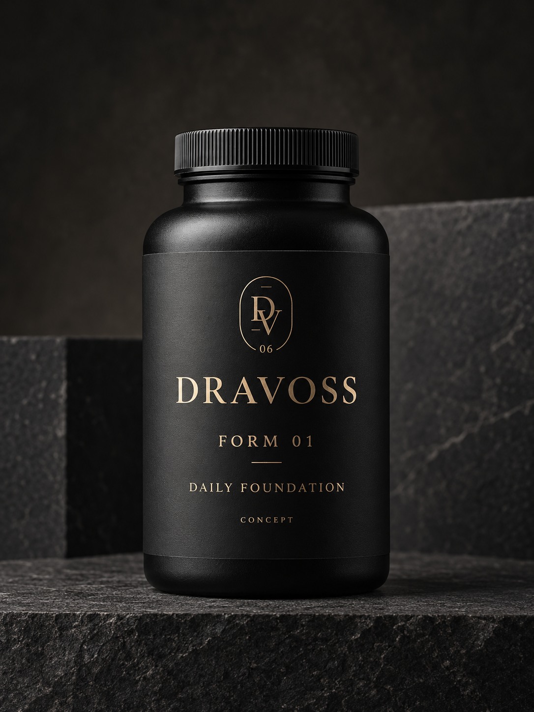 DRAVOSS FORM 01 Daily Foundation bottle concept on dark stone