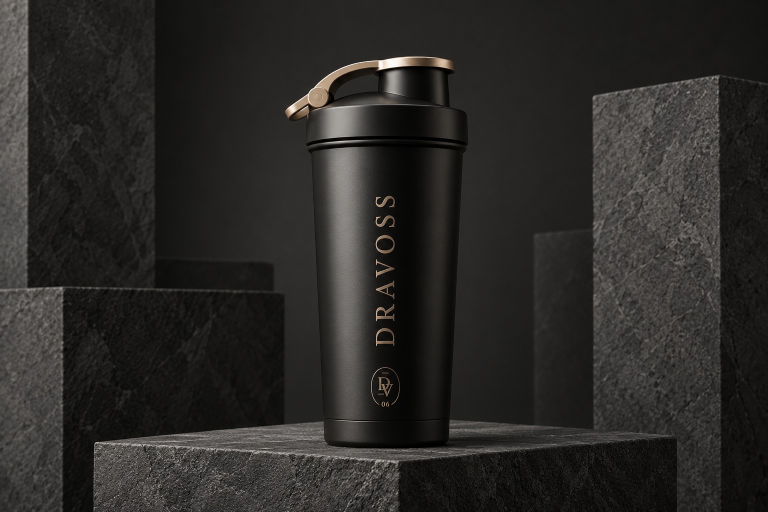 DRAVOSS shaker concept in matte black with champagne metal details
